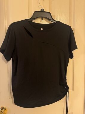Black Short Sleeve Jersey Top with Asymmetric Cutout and Side Tie